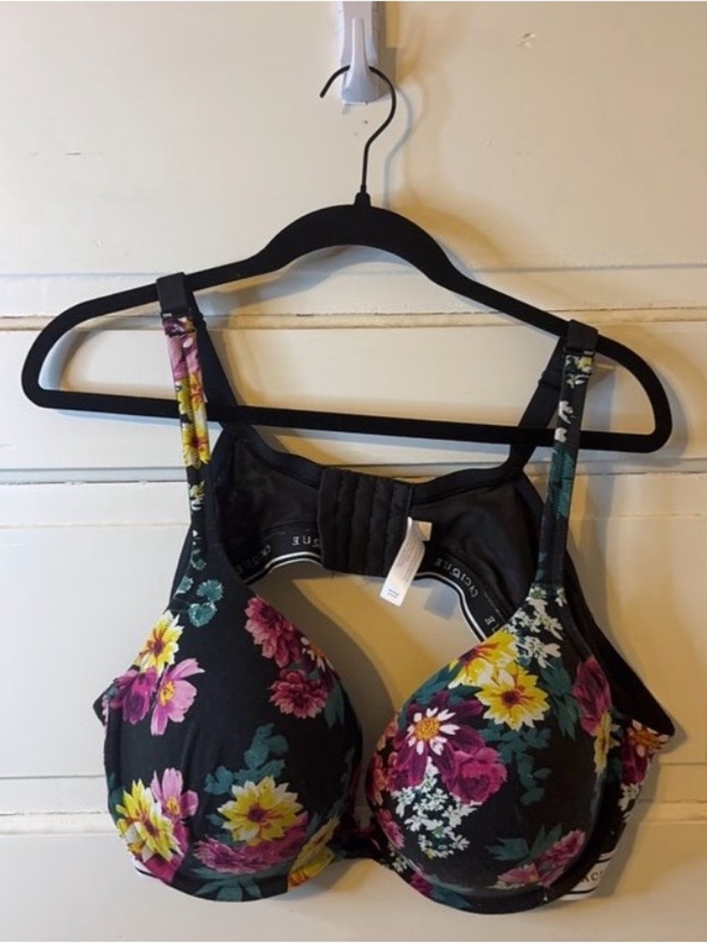 Cacique Black Bra with Pink Logo Tag and Multicolor Floral Trim
